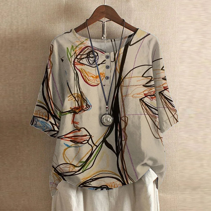 Cleo | Boho Print Top with Short Sleeves and Button Detail