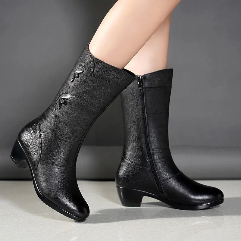 Women's Black Mid Calf Boots with Side Zip Low and Block Heel