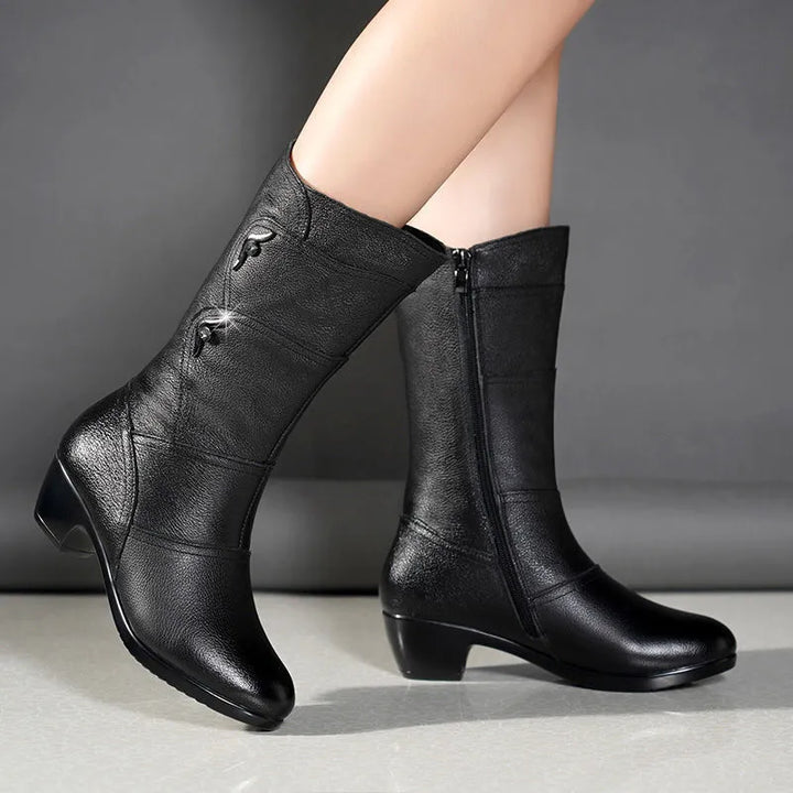 Women's Black Mid Calf Boots with Side Zip Low and Block Heel