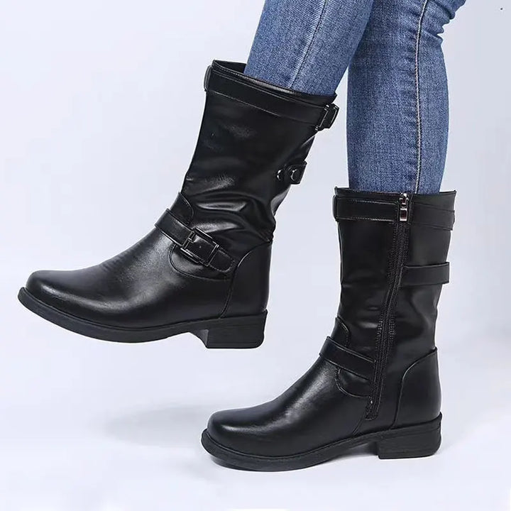 Women's Mid-Calf Moto Boots with Buckle Strap and Low Block Heel