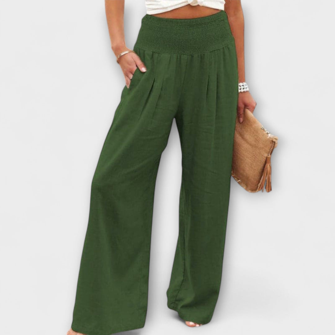 Coral | Wide Leg Trousers with Smocked Waist and Pleated Detail