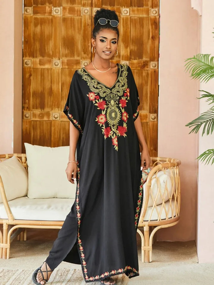 Karen | Maxi Holiday Dress with Embroidered Detail and Batwing Sleeves