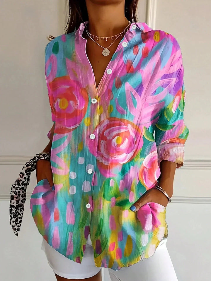 Blossom | Floral Print Blouse with Shirt Collar and Button Front