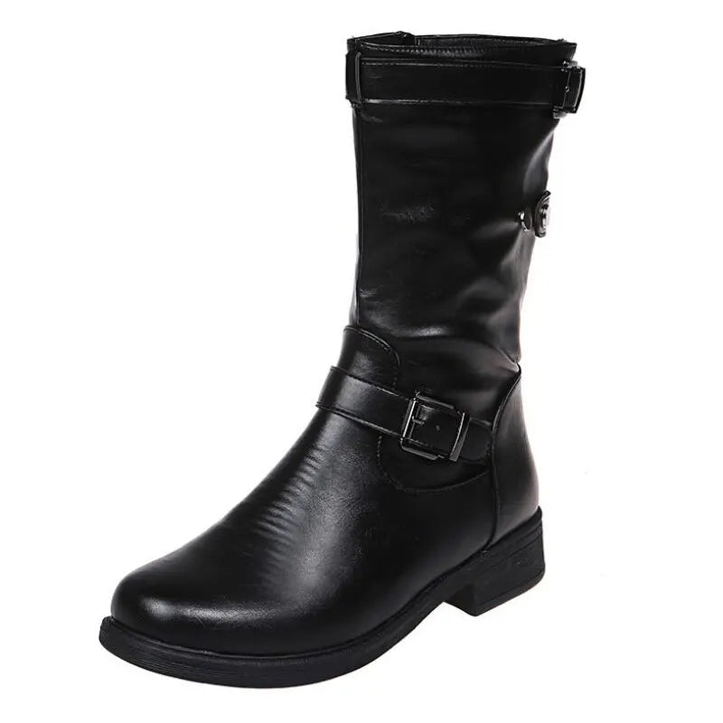 Women's Mid-Calf Moto Boots with Buckle Strap and Low Block Heel