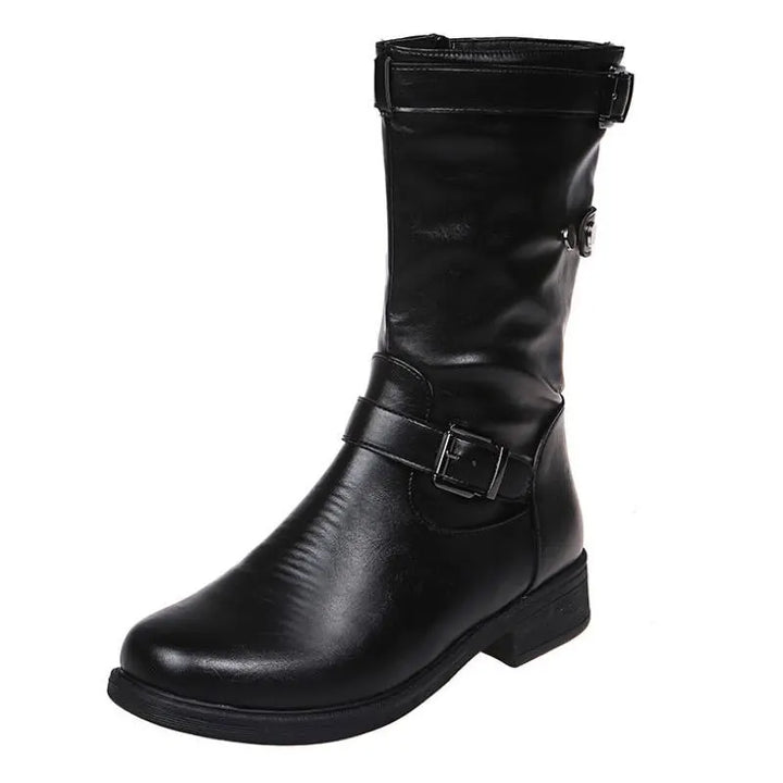 Women's Mid-Calf Moto Boots with Buckle Strap and Low Block Heel