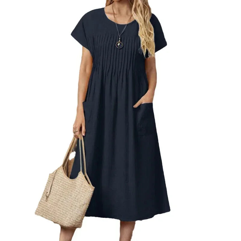 Deborah | Midi Summer Dress with Pleated Bodice and Pockets