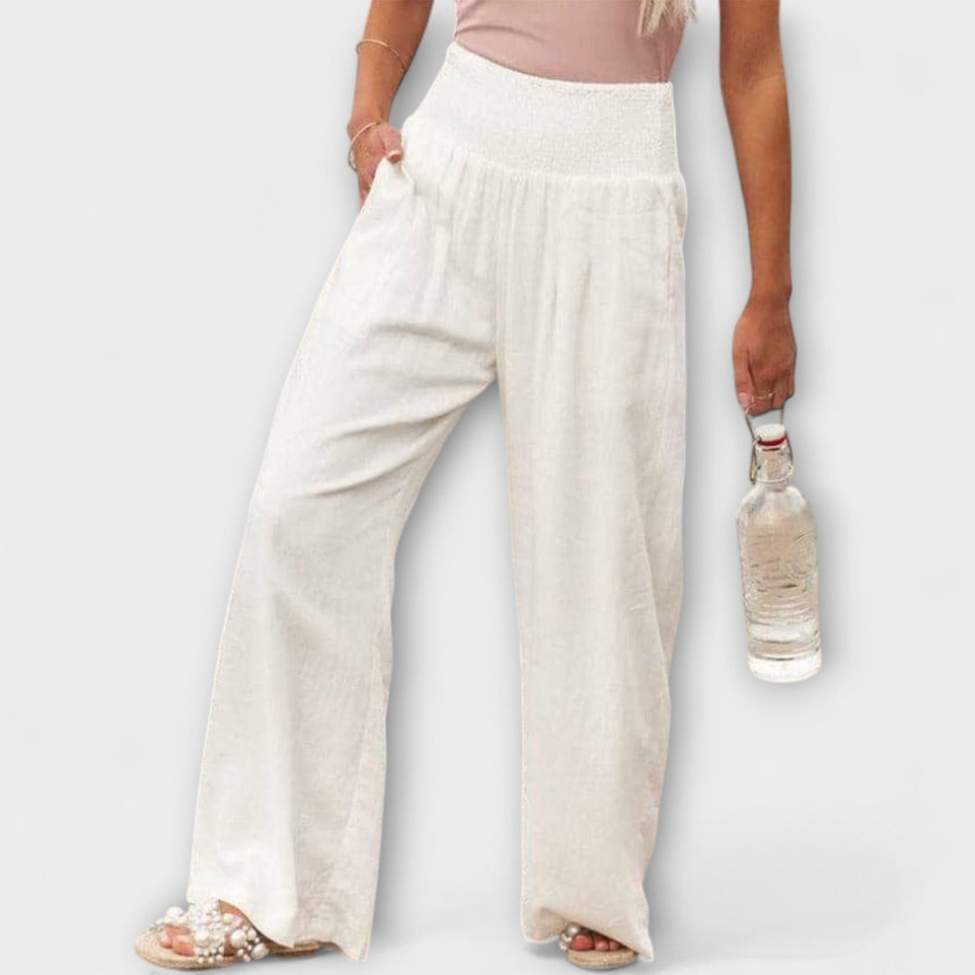 Coral | Wide Leg Trousers with Smocked Waist and Pleated Detail