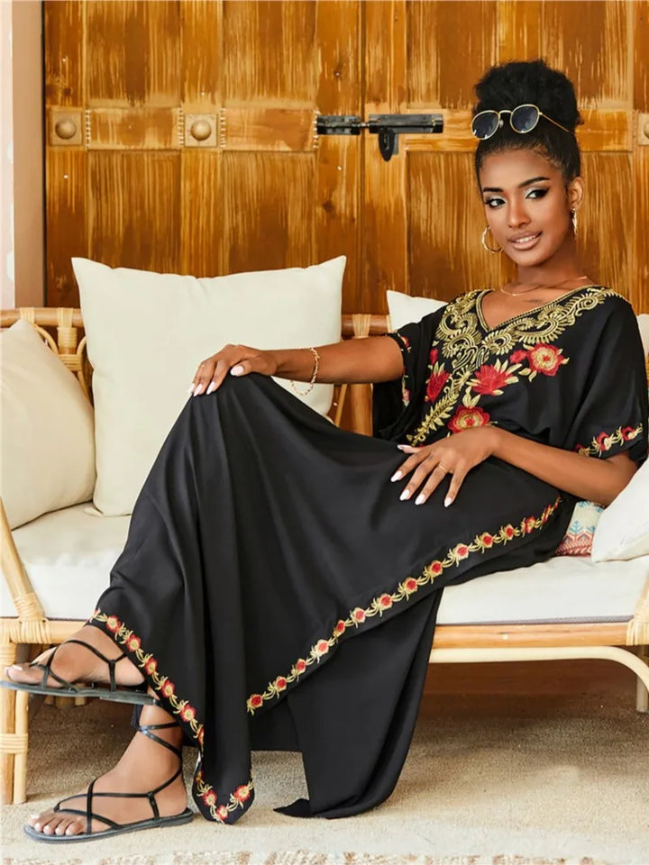 Karen | Maxi Holiday Dress with Embroidered Detail and Batwing Sleeves