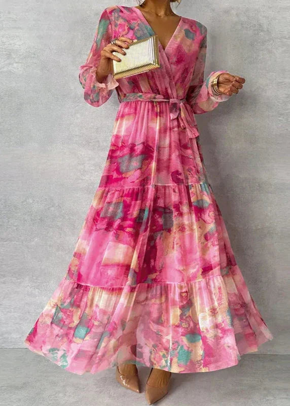 Women's Pink Floral Wrap Maxi Dress with Tiered Skirt