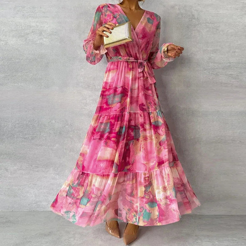 Women's Pink Floral Wrap Maxi Dress with Tiered Skirt
