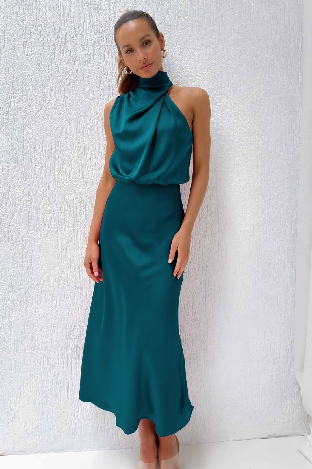 Women's Halter Neck Maxi Dress with Draped Bodice