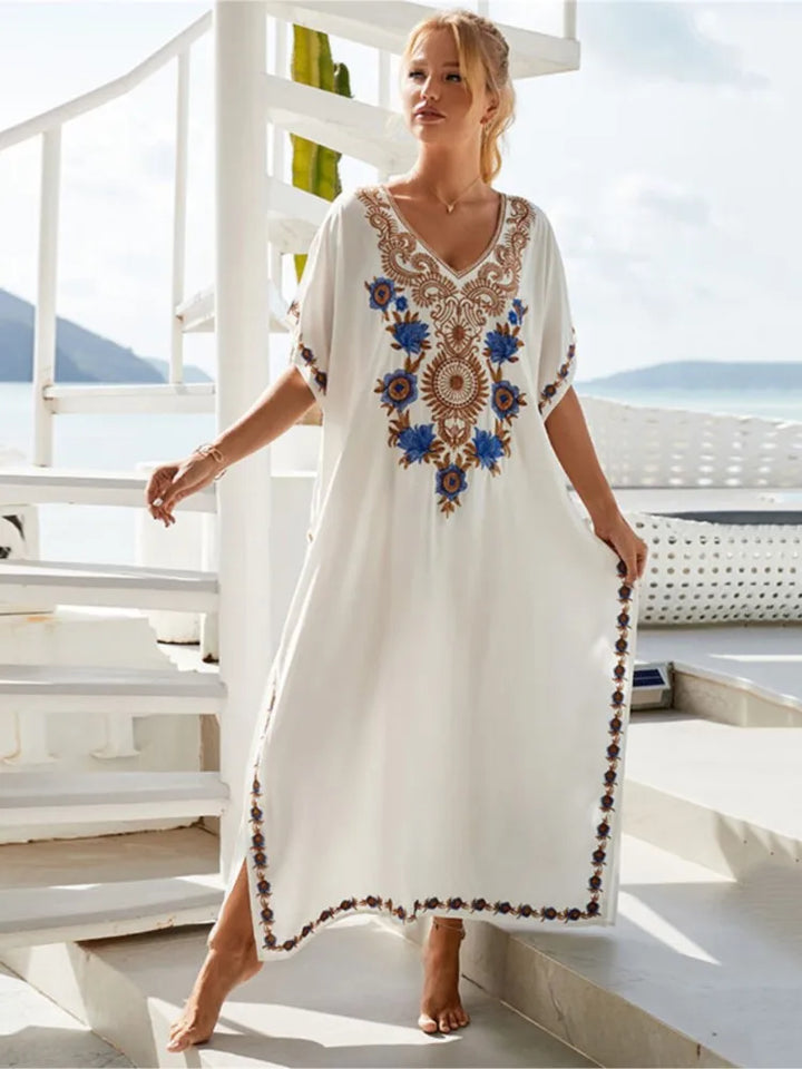 Karen | Maxi Holiday Dress with Embroidered Detail and Batwing Sleeves