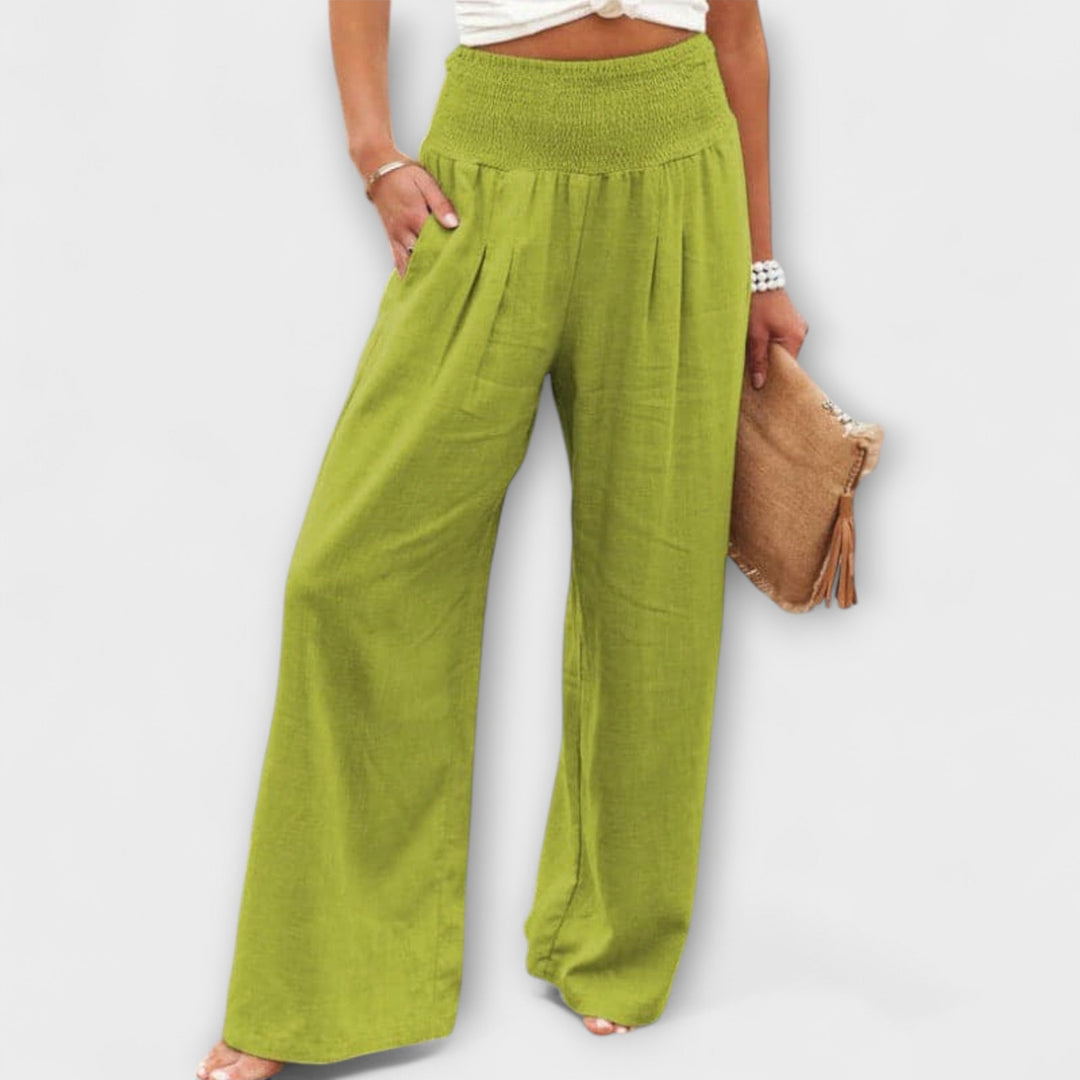Coral | Wide Leg Trousers with Smocked Waist and Pleated Detail