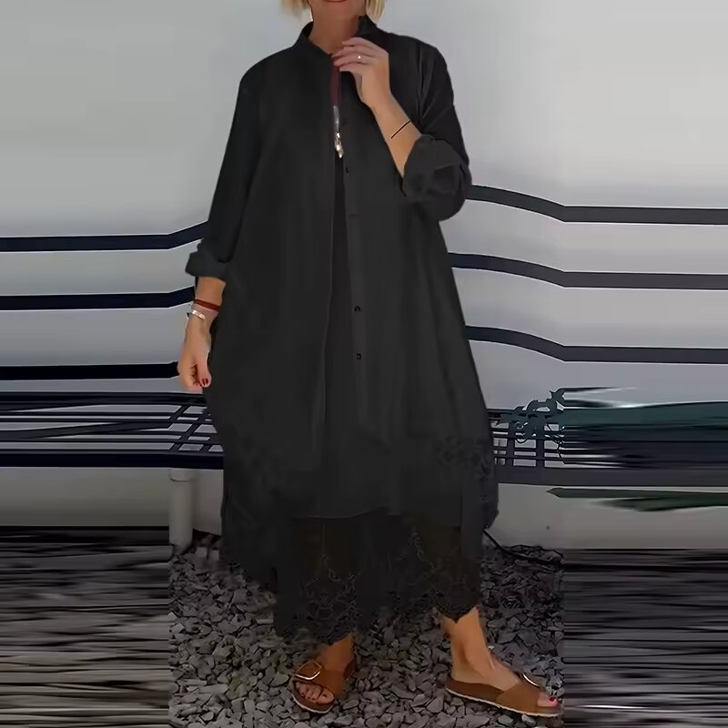 Patty | Midi Shirt Dress with Long Sleeves and Embroidered Hem