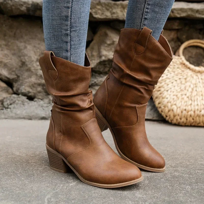 Women's Slouchy Ankle Boots with Block Heel Rounded Toe