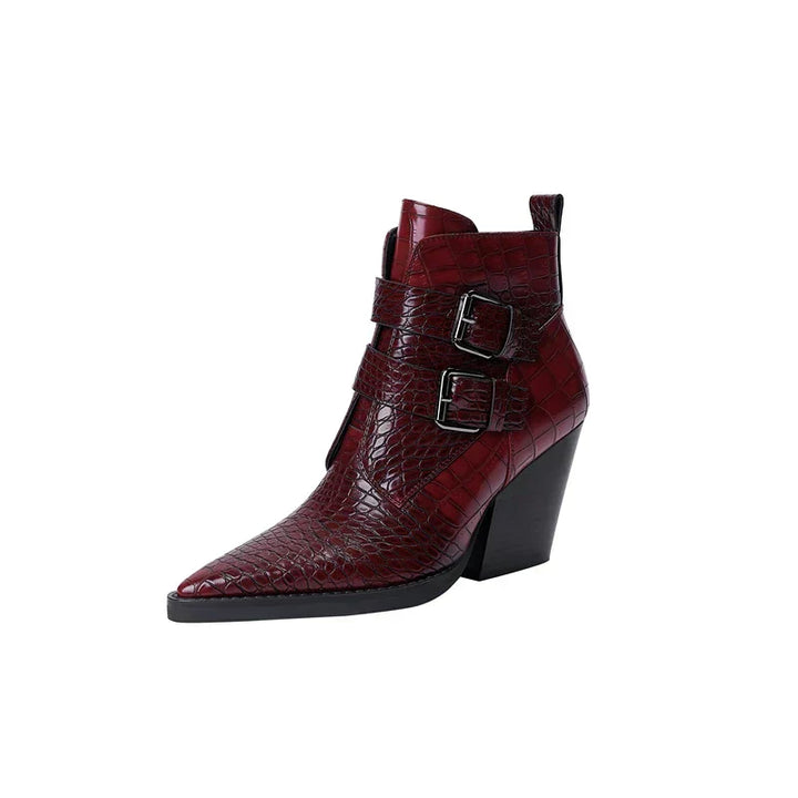 Women's Pointed Toe Ankle Boots with Double Buckle and Block Heel