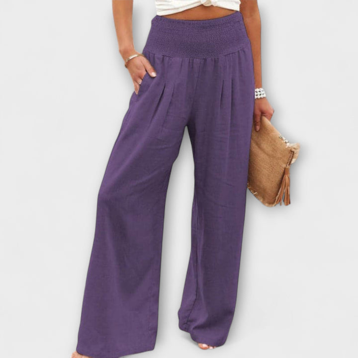 Coral | Wide Leg Trousers with Smocked Waist and Pleated Detail