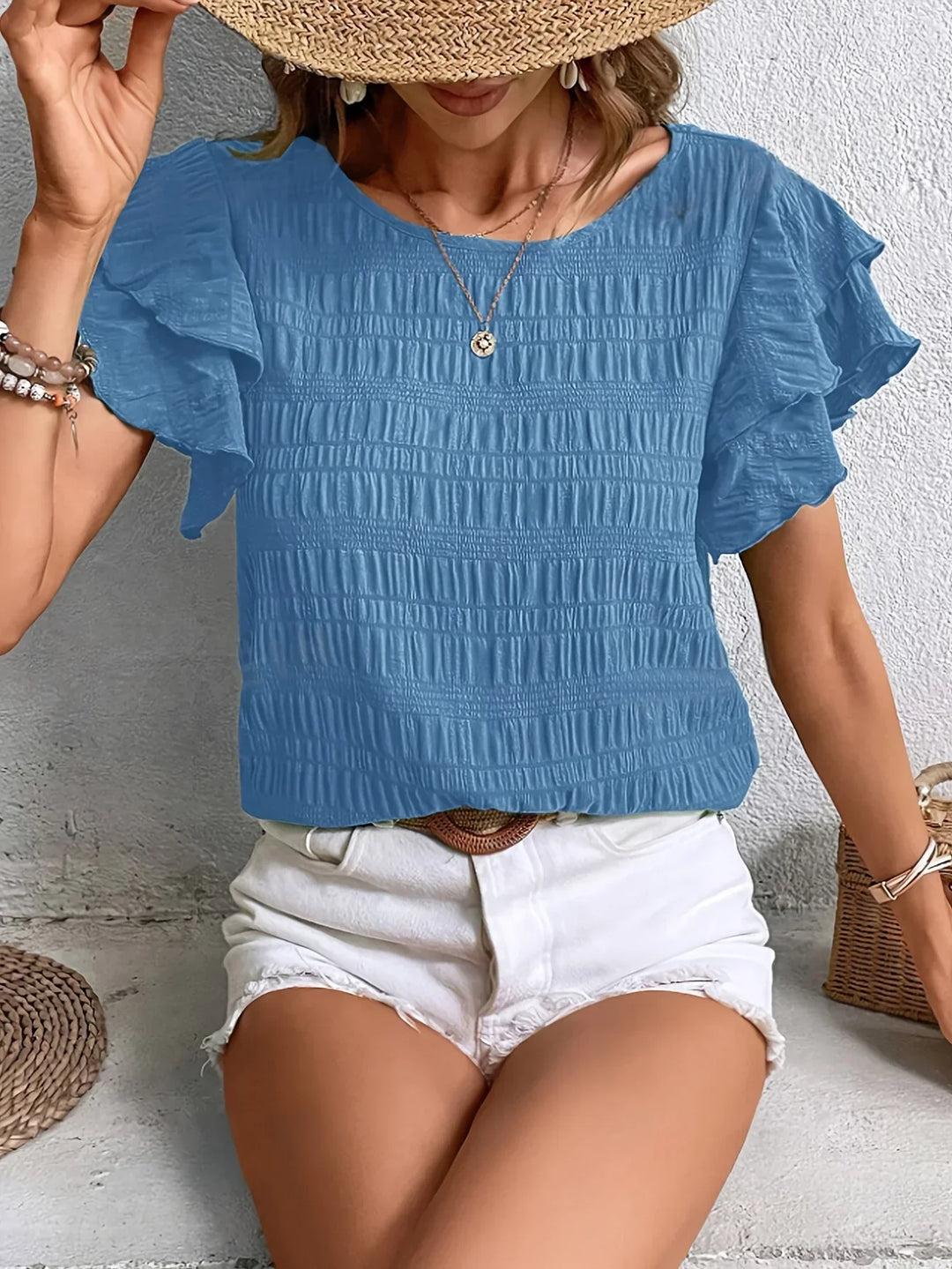 Women's Ruffle Sleeve Blouse with Round Neck and Textured Finish