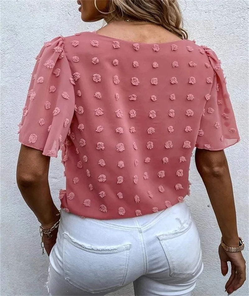 Edie | Textured Blouse with Round Neckline and Tie Waist