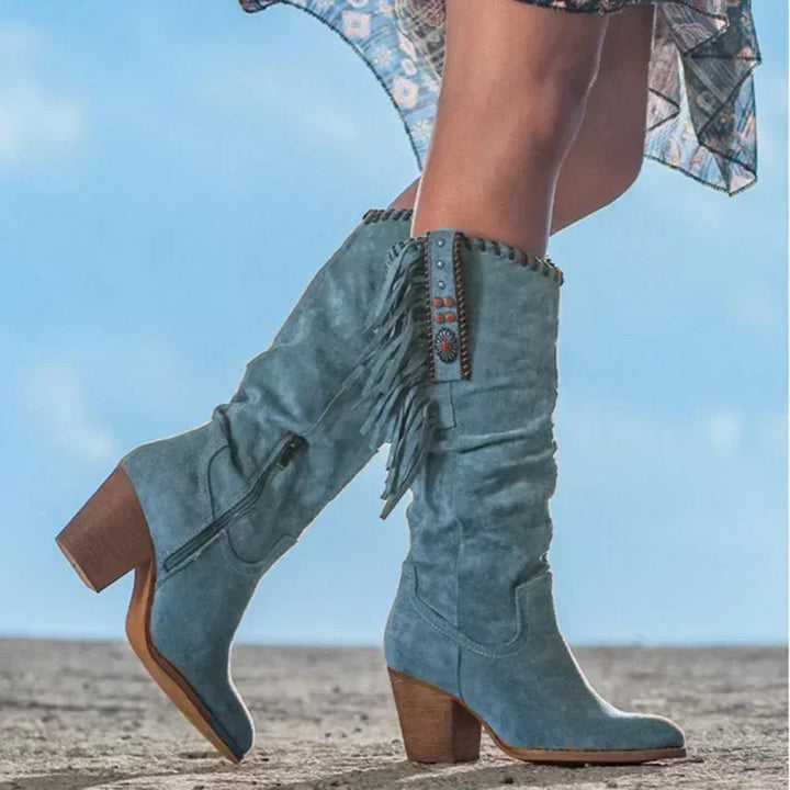 Women's Western Mid Calf Boots with Fringe and Block Heel