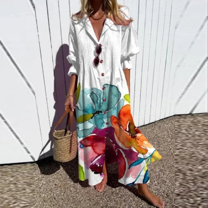 Women's Floral Maxi Dress with V-Neck and Front Slit
