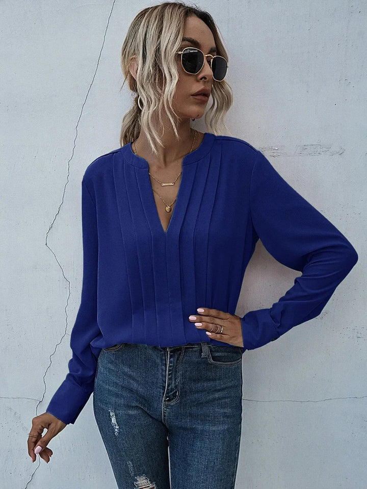 Pia | Pleated Front Blouse with Split V-Neck and Long Sleeves