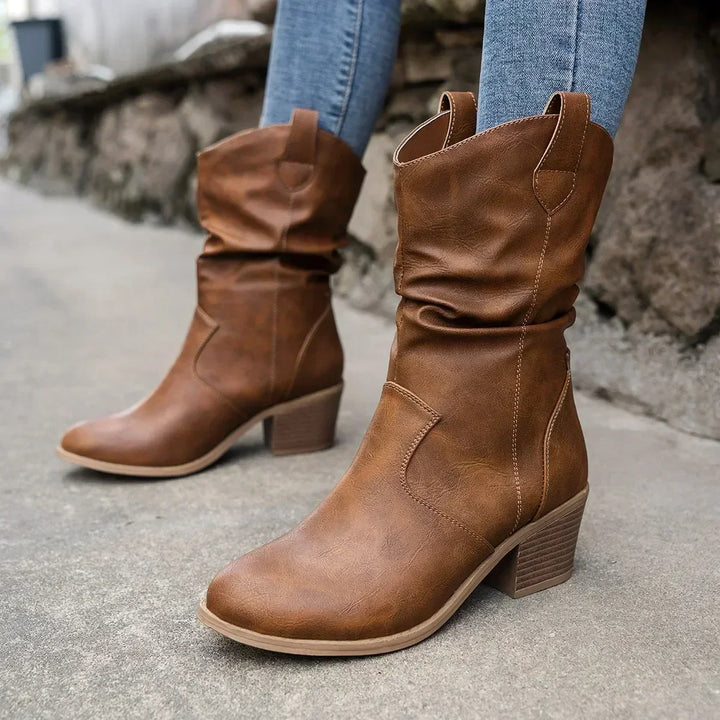 Women's Slouchy Ankle Boots with Block Heel Rounded Toe