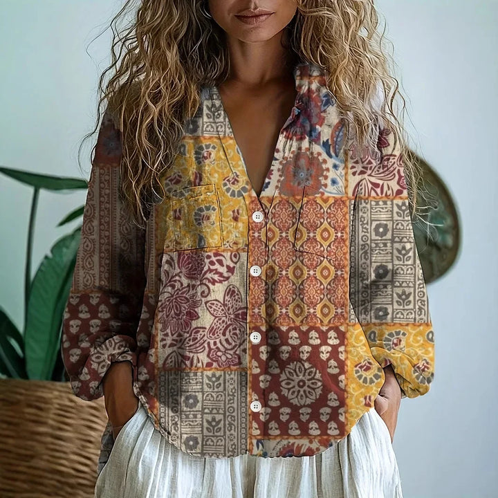 Ferris | Novelty Print Blouse with V Neckline and Button Front