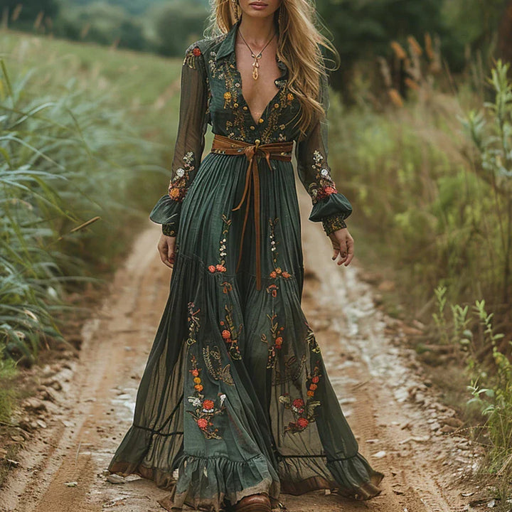Women's Floral Embroidered Maxi Dress with Belted Waist