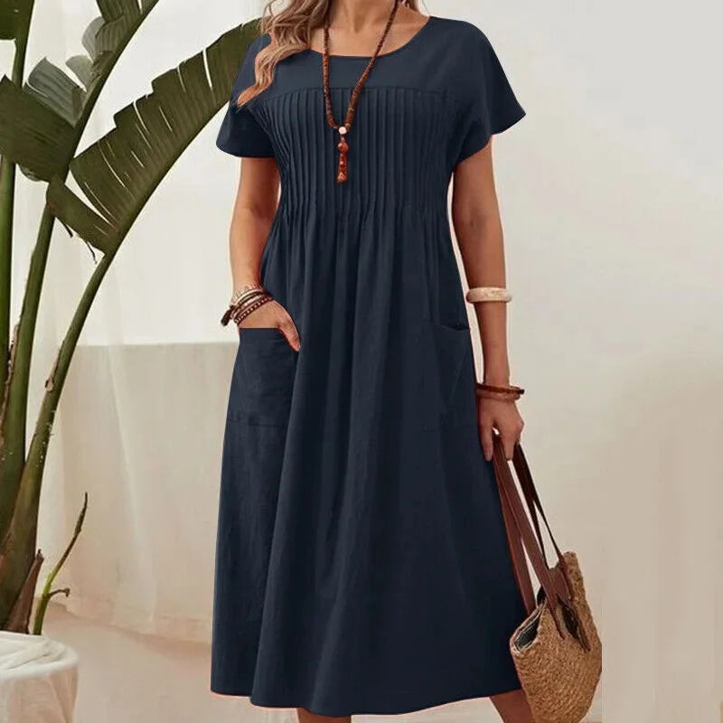 Deborah | Midi Summer Dress with Pleated Bodice and Pockets