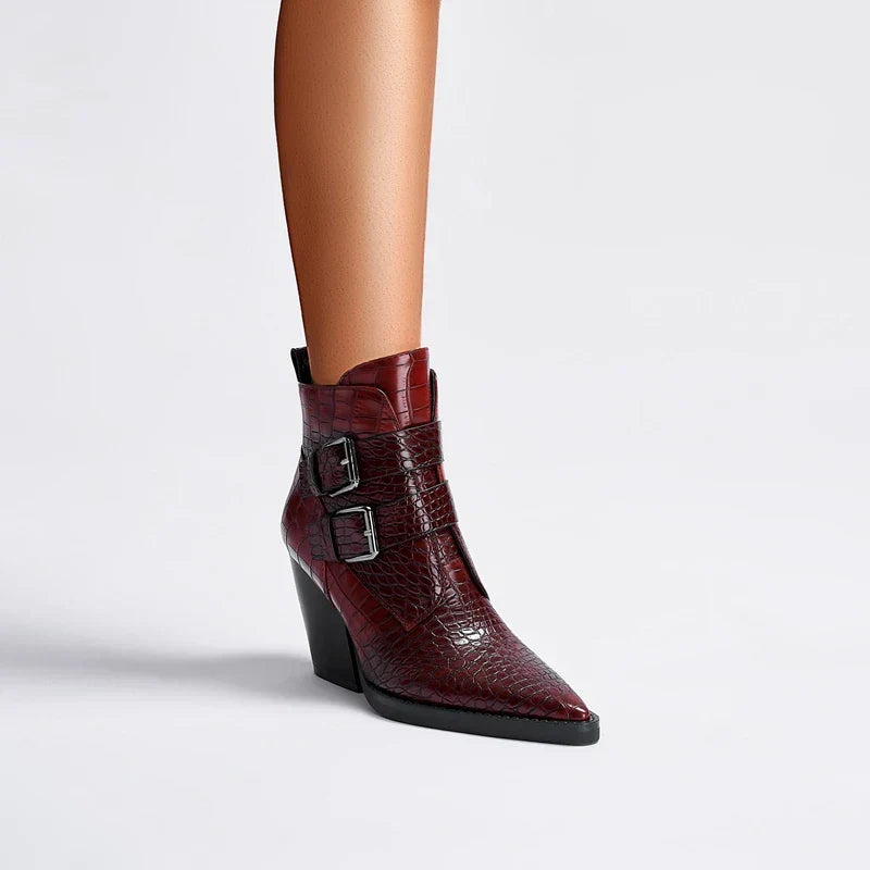 Women's Pointed Toe Ankle Boots with Double Buckle and Block Heel