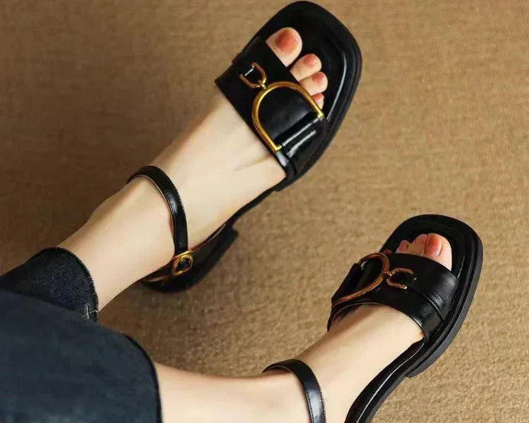 Amara | Orthopedic Flat Sandal with Square Toe and Buckle