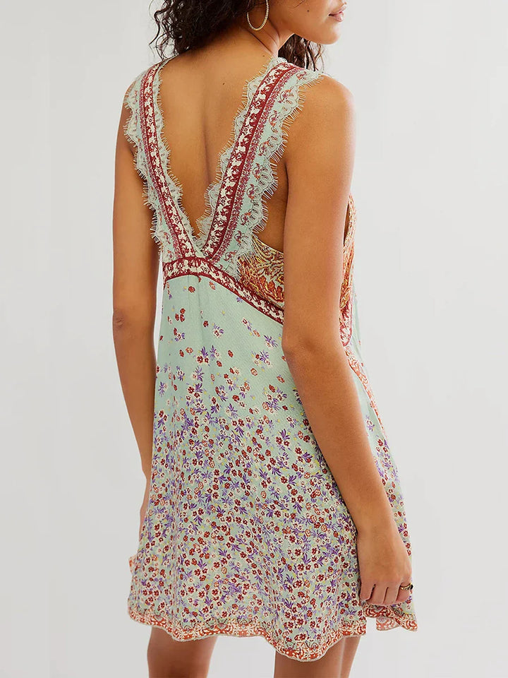 Poppy | Mini Summer Dress with Floral Print and Deep V Neckline