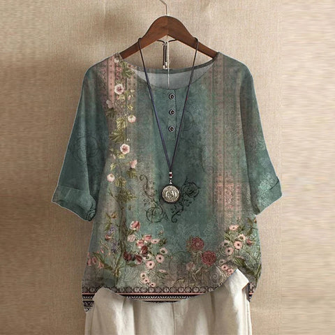 Cleo | Boho Print Top with Short Sleeves and Button Detail