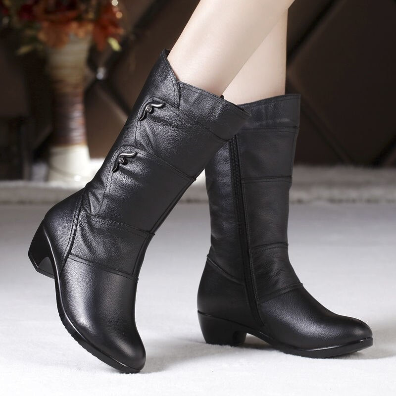 Women's Black Mid Calf Boots with Side Zip Low and Block Heel