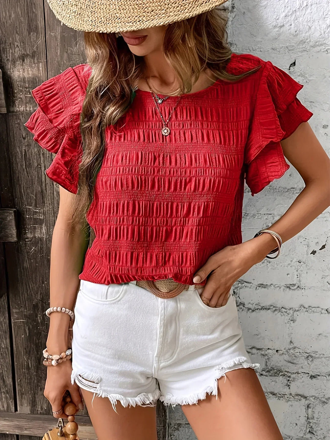 Women's Ruffle Sleeve Blouse with Round Neck and Textured Finish