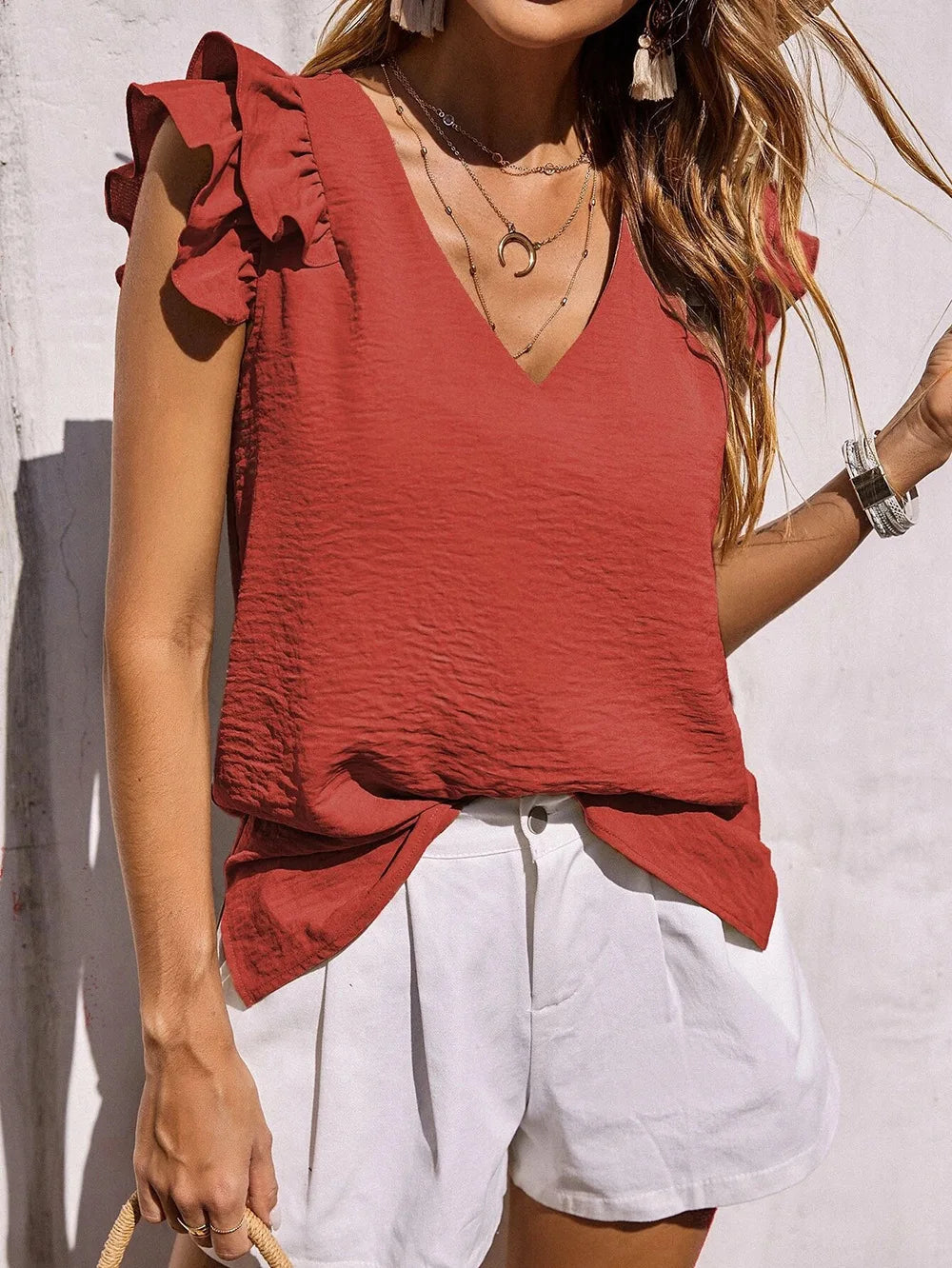Women's V-Neck Blouse with Ruffle Short Sleeve