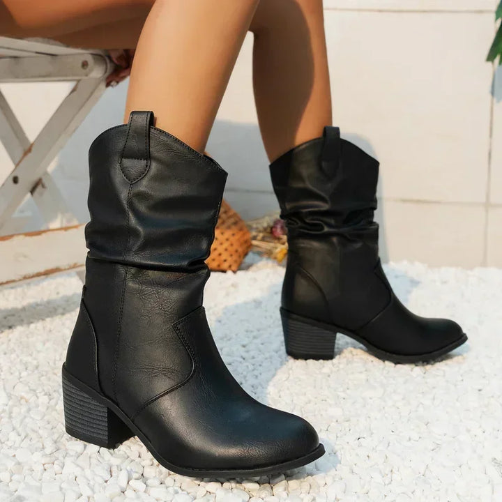 Women's Slouchy Ankle Boots with Block Heel Rounded Toe