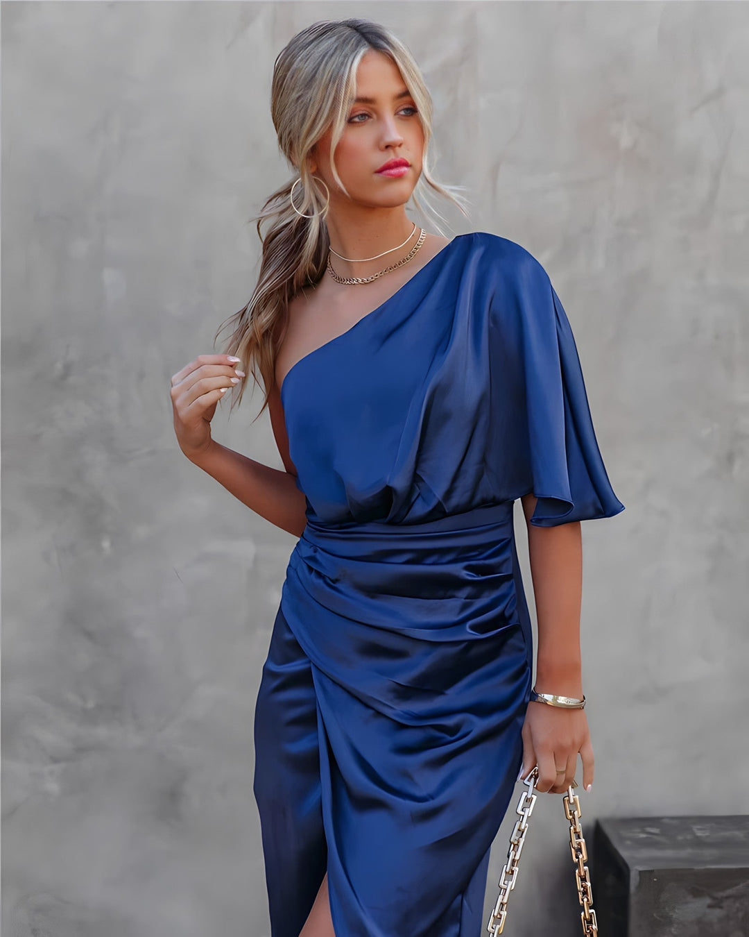 Layla | Midi Cocktail Dress with One Shoulder and Ruched Bodice