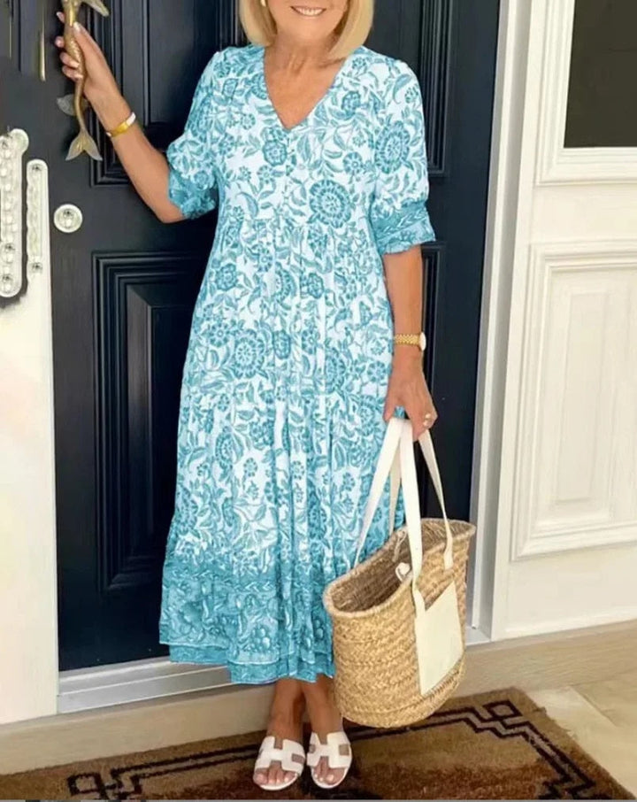 Women's Floral Maxi Dress with Button Front and 3/4 Sleeves