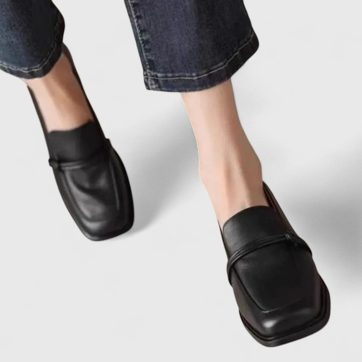 Women's Black Orthopedic Slip On Loafers with Wide Front Strap