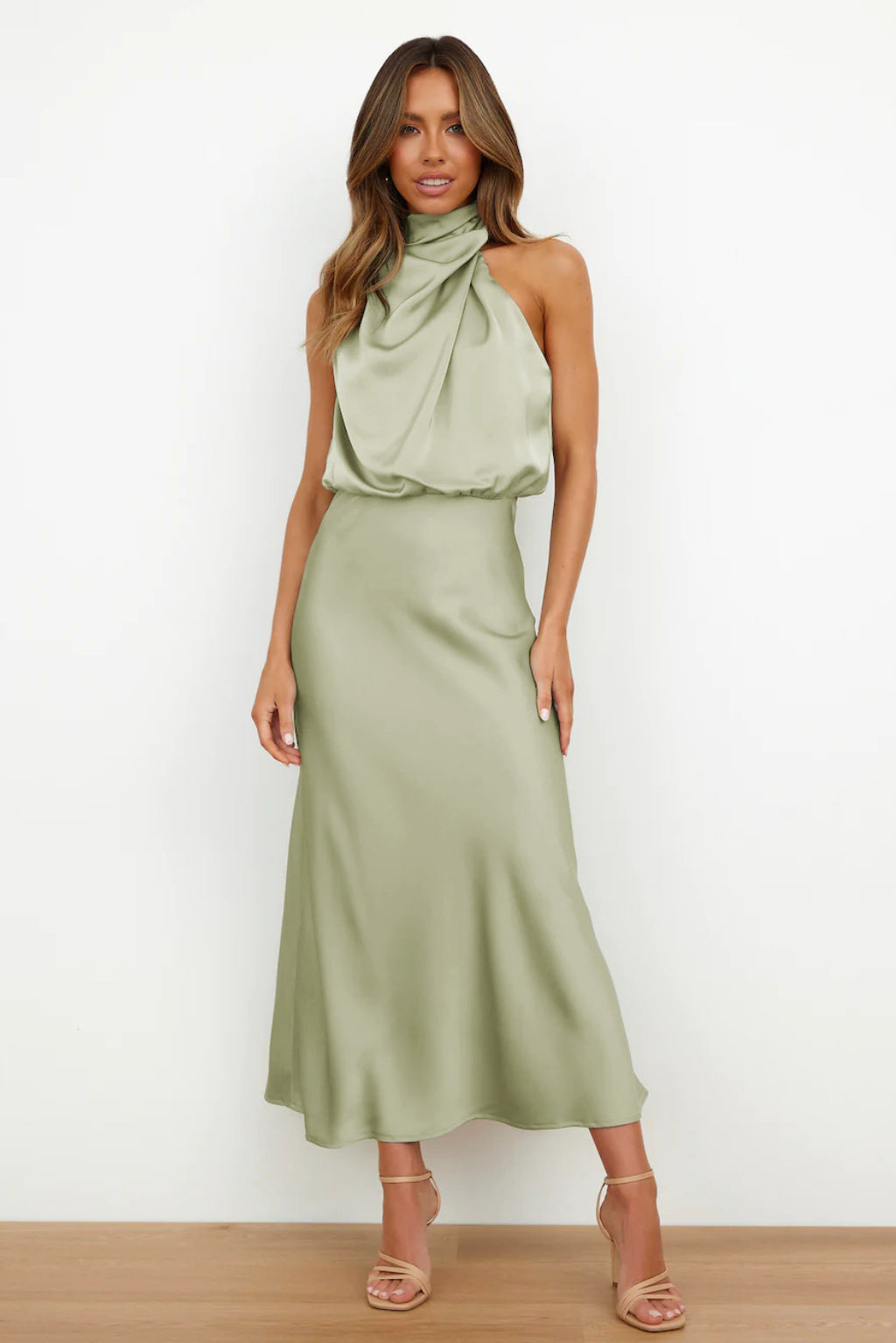 Women's Halter Neck Maxi Dress with Draped Bodice