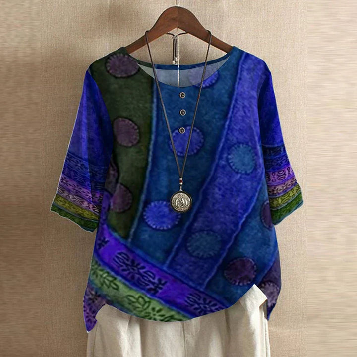 Cleo | Boho Print Top with Short Sleeves and Button Detail