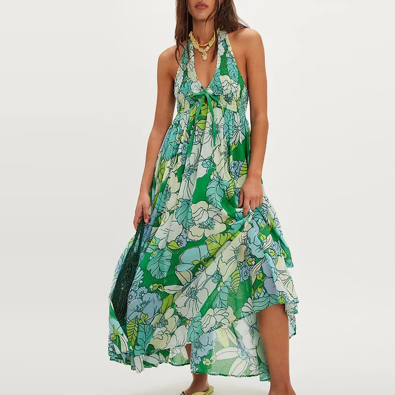 Daisy | Maxi Summer Dress with Floral Print and Halter Neckline