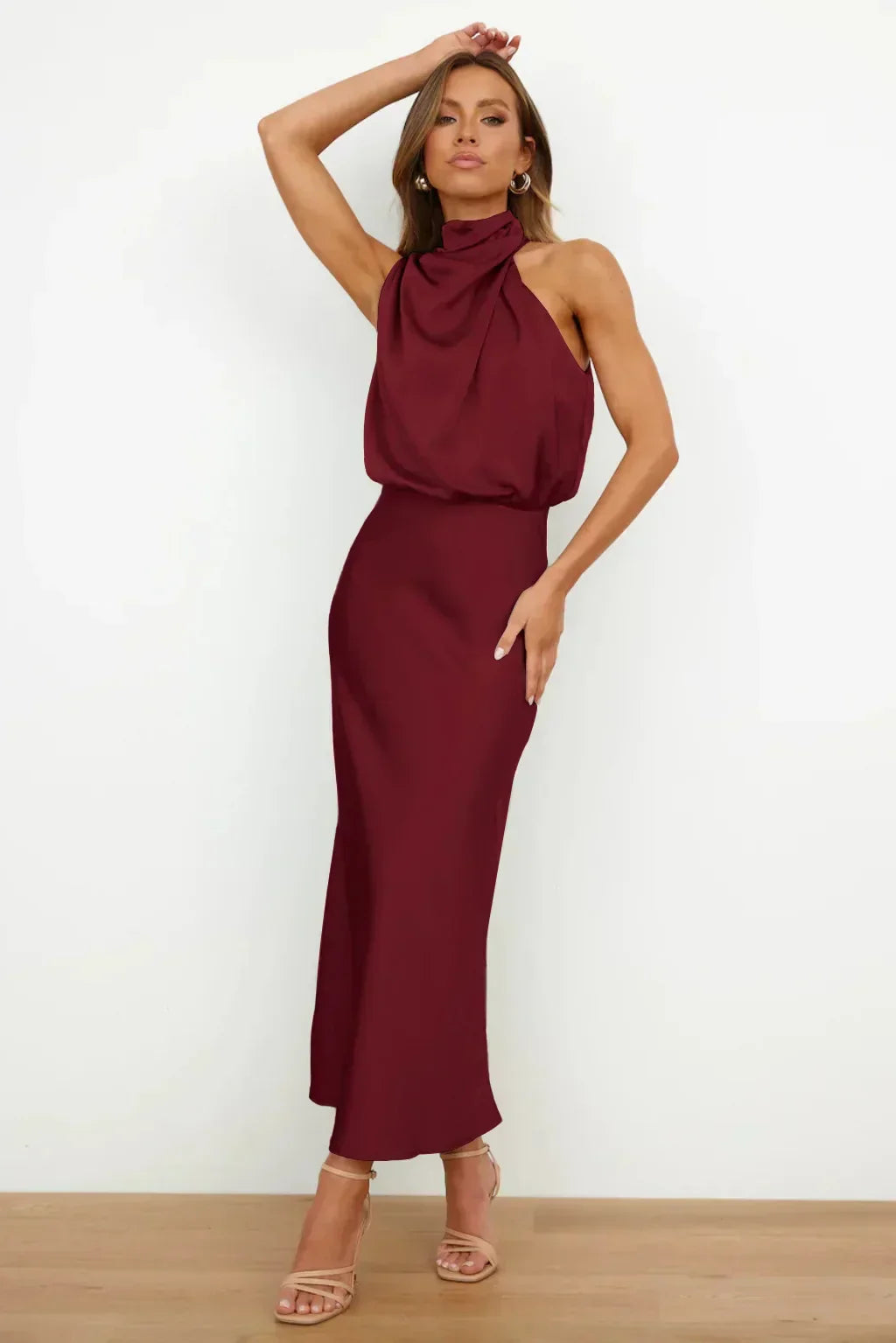 Women's Halter Neck Maxi Dress with Draped Bodice