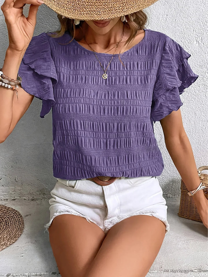 Women's Ruffle Sleeve Blouse with Round Neck and Textured Finish