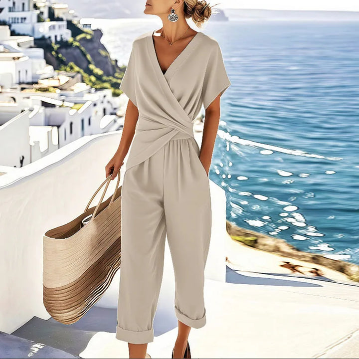 Women's Beige Wrap Top and Cuffed Trouser Two Piece Set