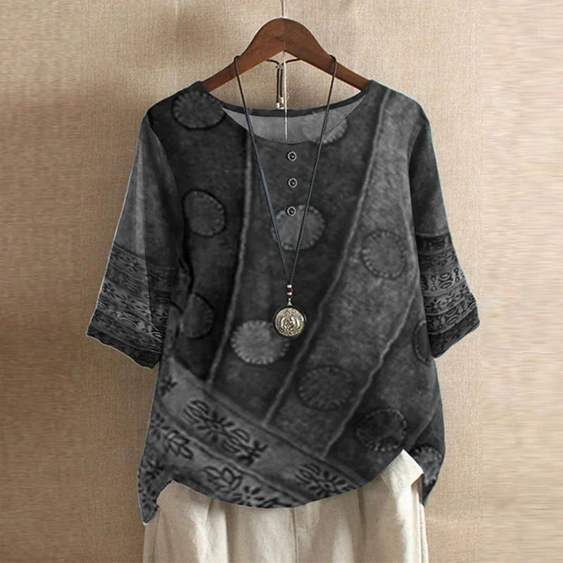 Cleo | Boho Print Top with Short Sleeves and Button Detail