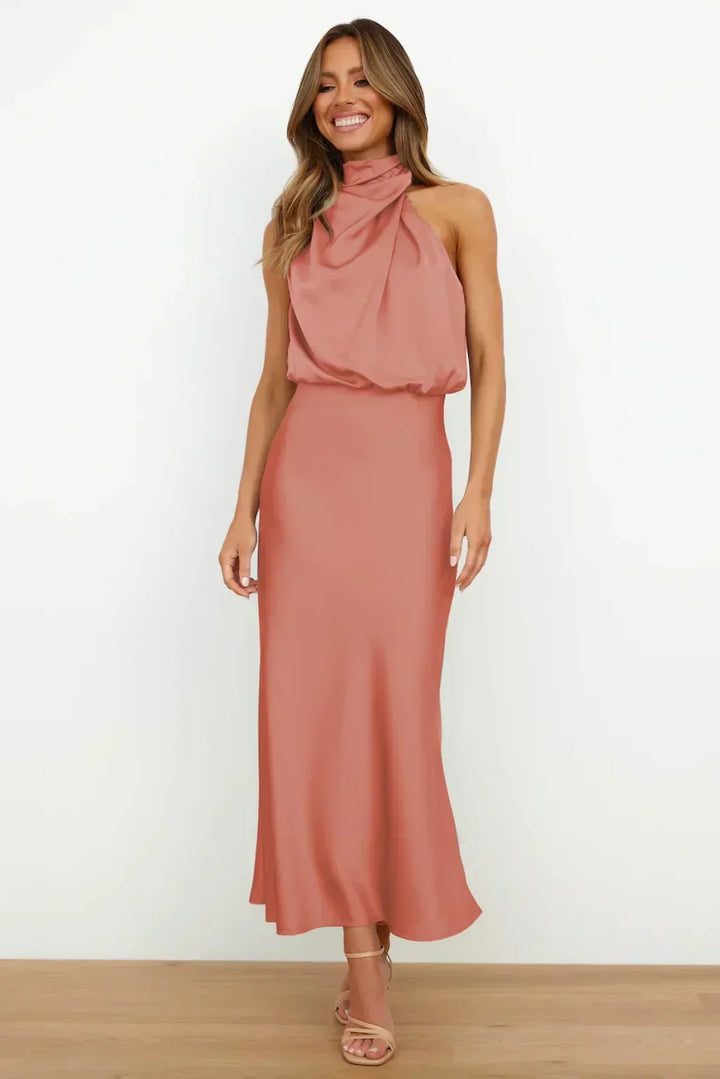 Women's Halter Neck Maxi Dress with Draped Bodice