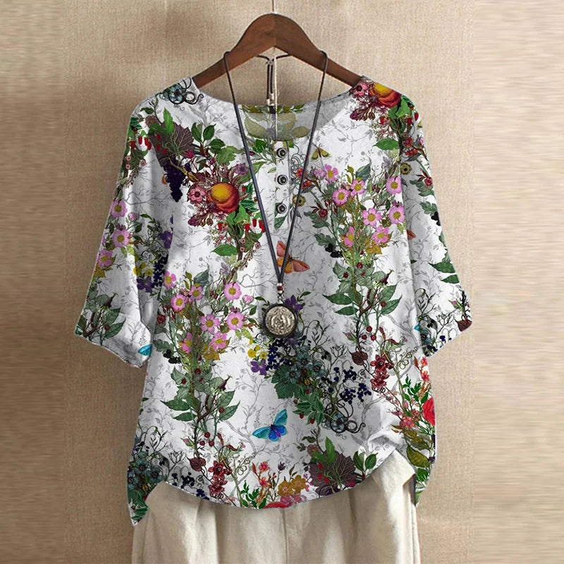 Cleo | Boho Print Top with Short Sleeves and Button Detail